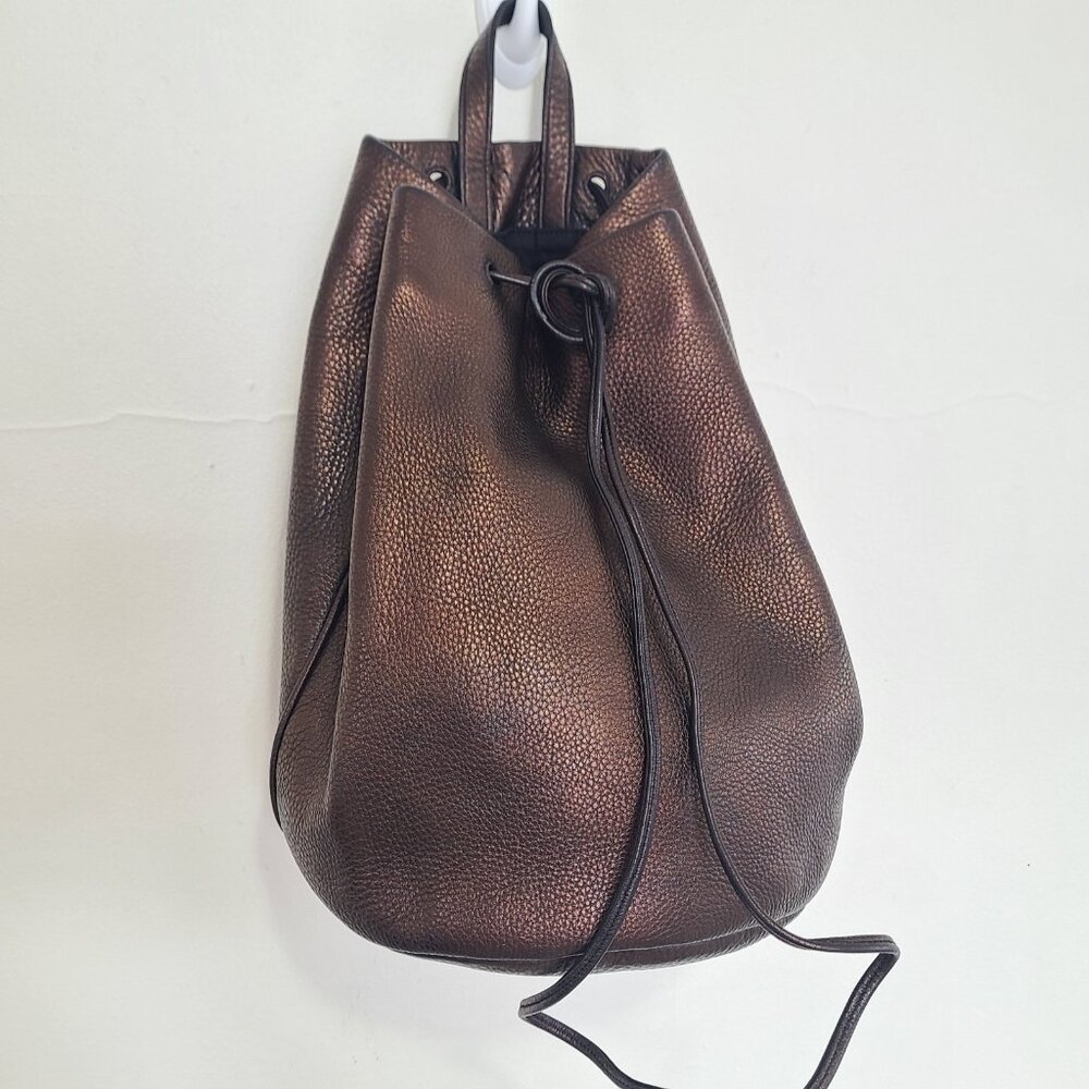KARA Bucket Bag Leather Drawstring Purse Metallic Brown